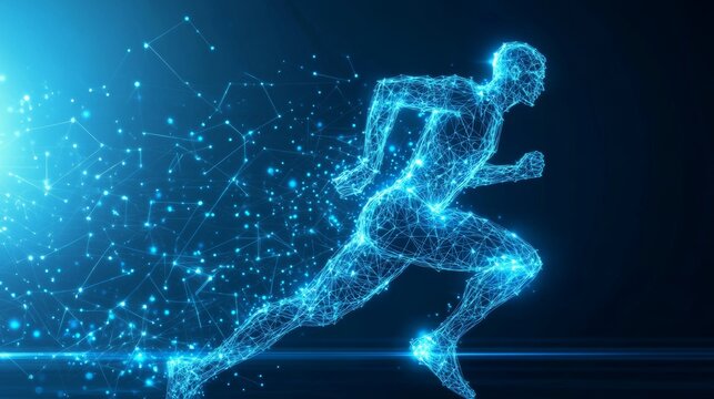 Dynamic representation of a runner in a futuristic digital style with glowing lines on a dark background