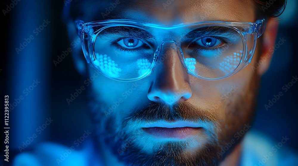 Poster scientist examines microscopic particles intensely in lab