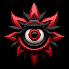 3D rendering of a stylized eye symbol within a red and black sunburst design on a black background.