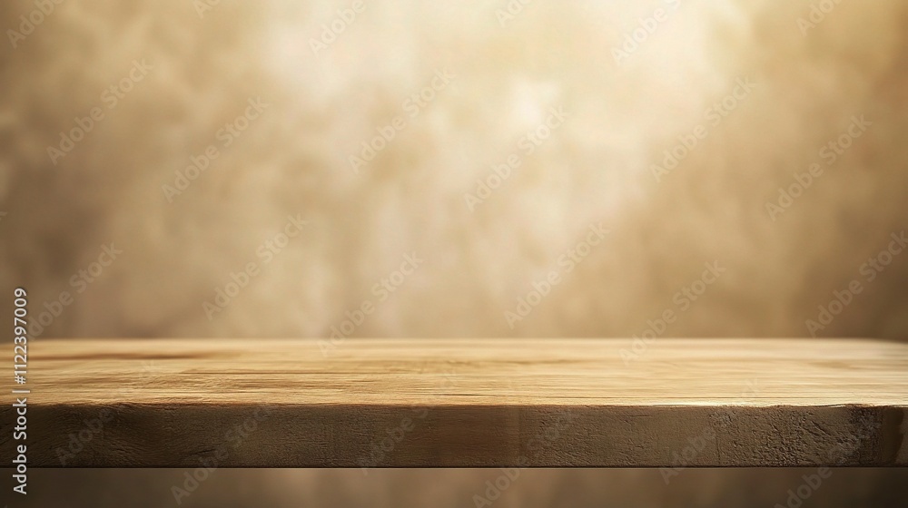 Poster elegant empty wood table with light and gold bokeh background