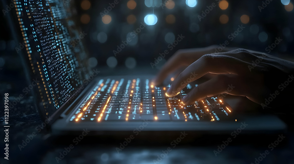 Poster night coding: typing code on laptop keys brightly illuminated