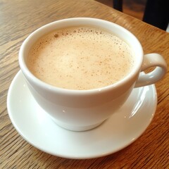 Fototapeta premium A cup of frothy coffee on a saucer, sitting on a wooden table.