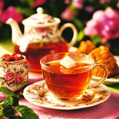 Fototapeta premium A cup of tea with sugar cube, teapot, pastries, and flowers.