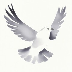 Obraz premium A grayscale illustration of a dove in flight, wings spread wide against a white background.