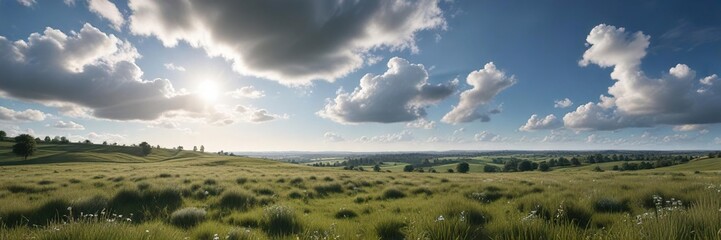 Fototapeta premium A beautiful countryside landscape with a clear blue sky and few white clouds scattered across the horizon , beautiful countryside, idyllic scene