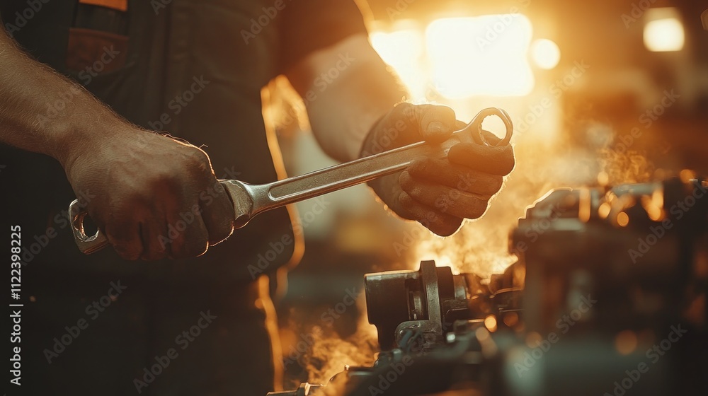 Poster mechanic's hands using wrench on engine in workshop at sunset.