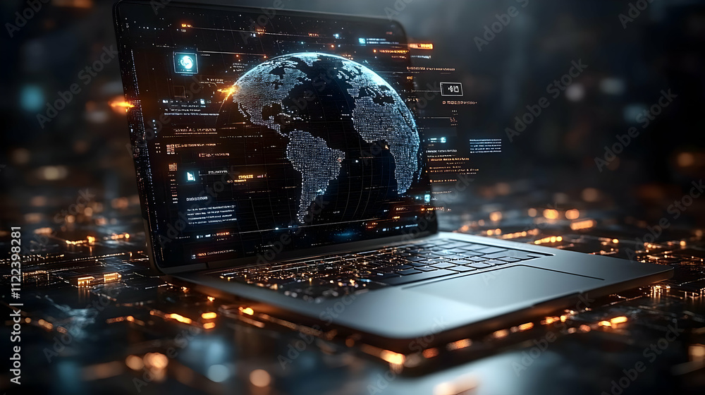 Poster global network data visualization on laptop screen