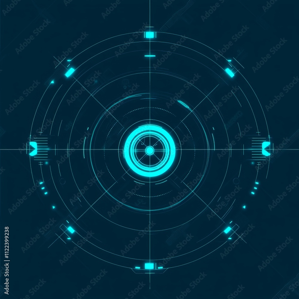 Poster abstract circular tech design with glowing blue lines and concentric circles.