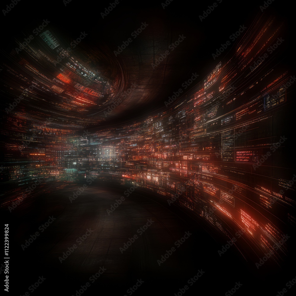 Poster abstract digital tunnel with swirling red data streams and code.