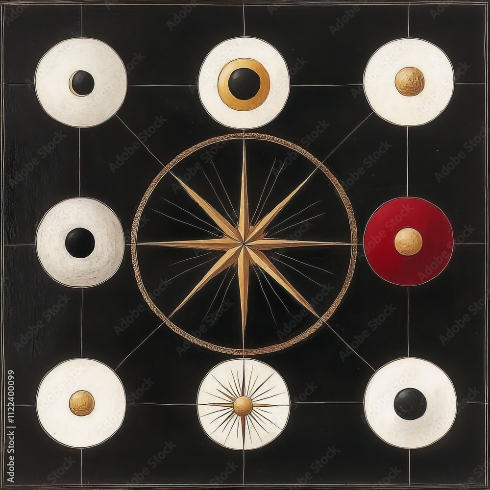 Poster abstract game board with circular and star-shaped elements on a dark background.