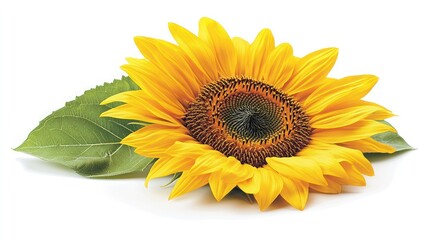 Obraz premium Single vibrant yellow sunflower with green leaves isolated on white background.