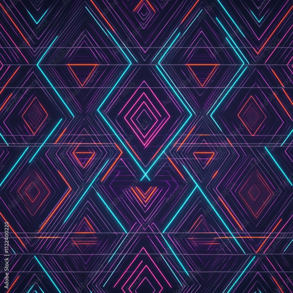 Aufkleber abstract geometric pattern with vibrant neon lines forming intersecting squares and diamonds on a da