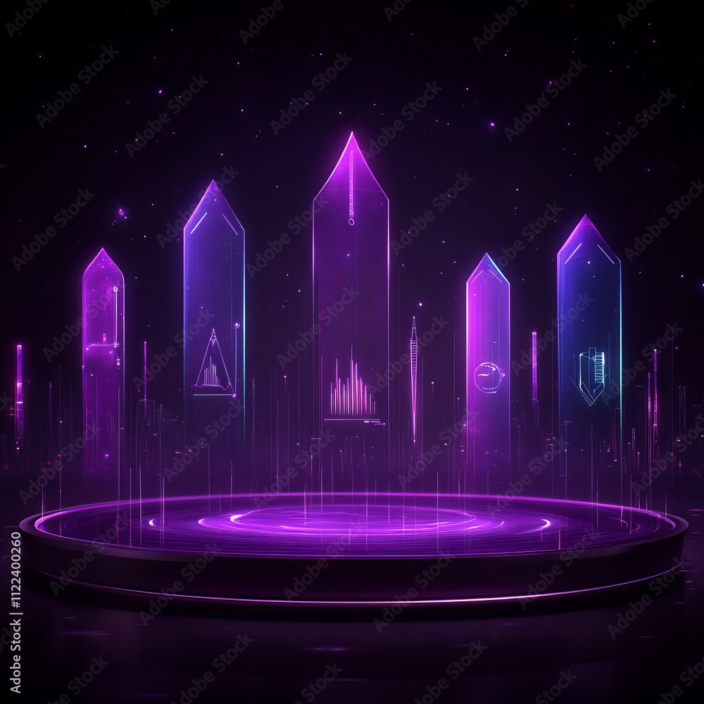 Poster abstract glowing crystals displaying data on a platform.