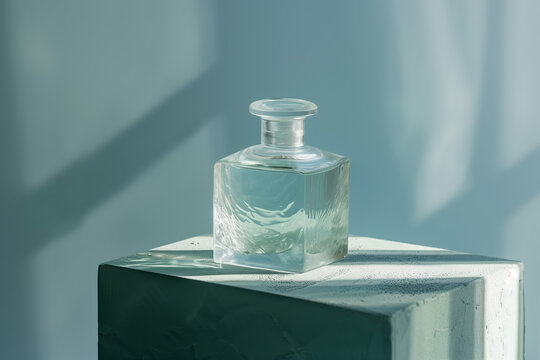 Minimalist Glass Bottle and Plastic Box in Clean Modern Presentation, Showcasing Material and Form Differences