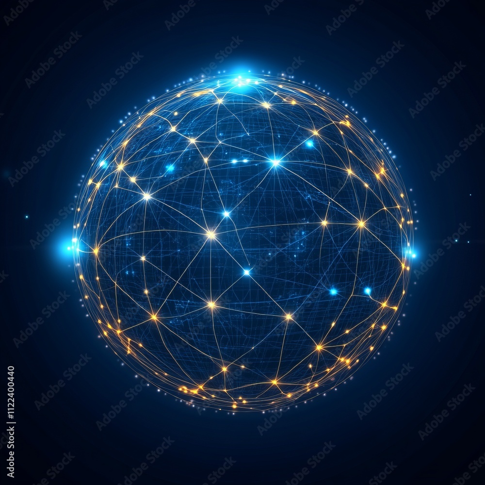 Poster abstract glowing sphere with interconnected nodes and lines, representing global network or connecti