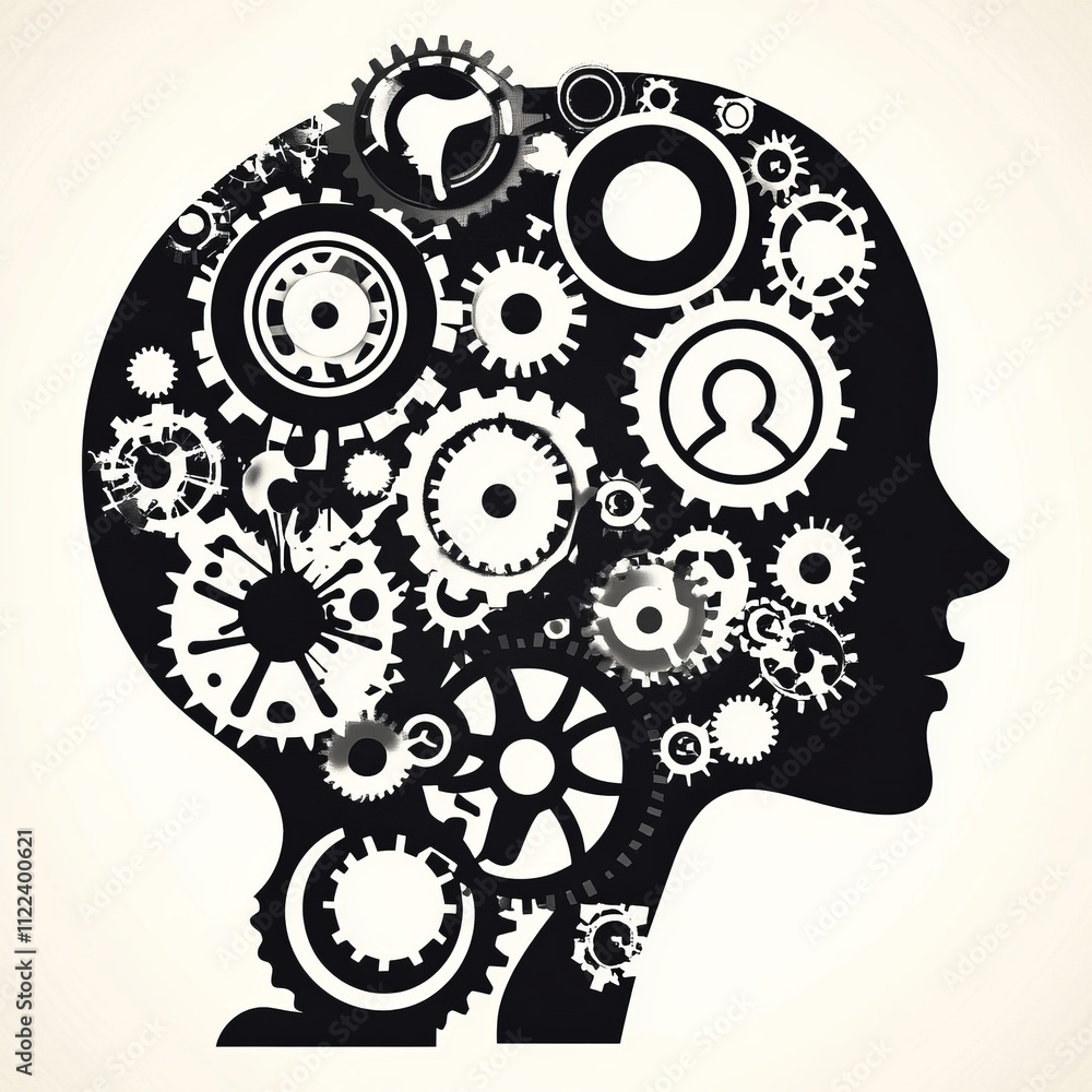 Poster abstract head profile filled with intricate gears, symbolizing intellect and complex thought process
