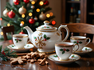 Fototapeta premium Elegant tea set with holiday accents and cookies by the christmas tree, photography of still life concept.