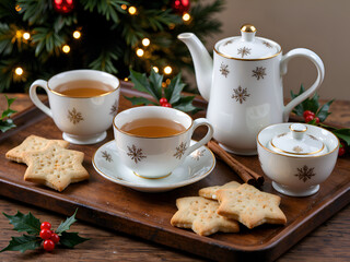 Fototapeta premium Warm winter tea with cookies a cozy holiday treating experience by the christmas tree, photography of still life concept.