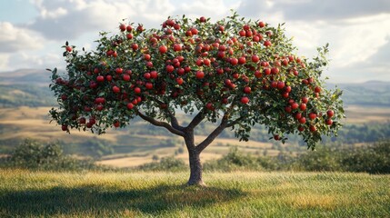 A lush apple tree laden with ripe, red apples stands in a sun-drenched field against a backdrop of rolling hills.