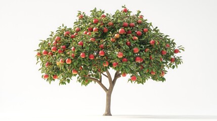 A lush apple tree laden with ripe, red apples against a clean white background.