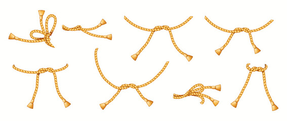 Obraz premium Golden silk ropes tied in various intricate knots realistic color icons set. Elegant tassels on twines 3d objects bundle on white background