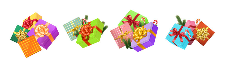Vibrant groups of Christmas gift boxes with ribbons and bows realistic color icons set. Presents festive atmosphere 3d objects bundle on white