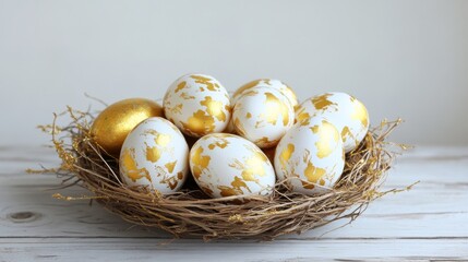 Obraz premium Beautifully crafted golden and white Easter eggs nestled in a natural straw nest on a wooden surface