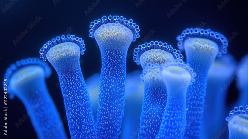 Poster close-up of vibrant blue aquatic polyps with tiny bubble-like structures, exhibiting intricate detai