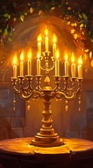 Ornate golden candelabra with lit candles on a table in a stone room.