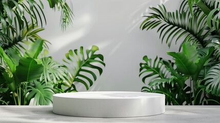 Obraz premium Clean and fresh white podium setting with lush green plants for e-commerce displays