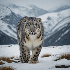 Obraz premium A snow leopard prowling through a snowy mountain landscape.