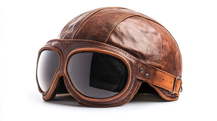 Brown leather aviator hat or cap with glasses isolated on white background. aircraft travel transportation flight helmet uniform, retro military army pilot profession occupation, vintage journey.