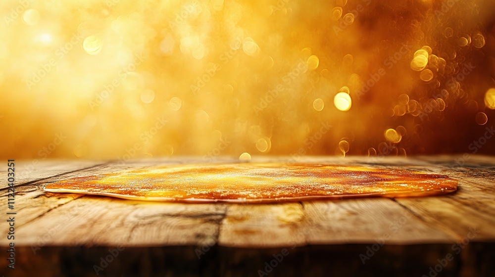 Poster empty wooden table with blurred golden light bokeh effect