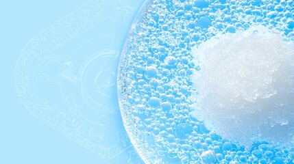 Bubbling foam and salt crystals in blue water close-up photography scientific exploration