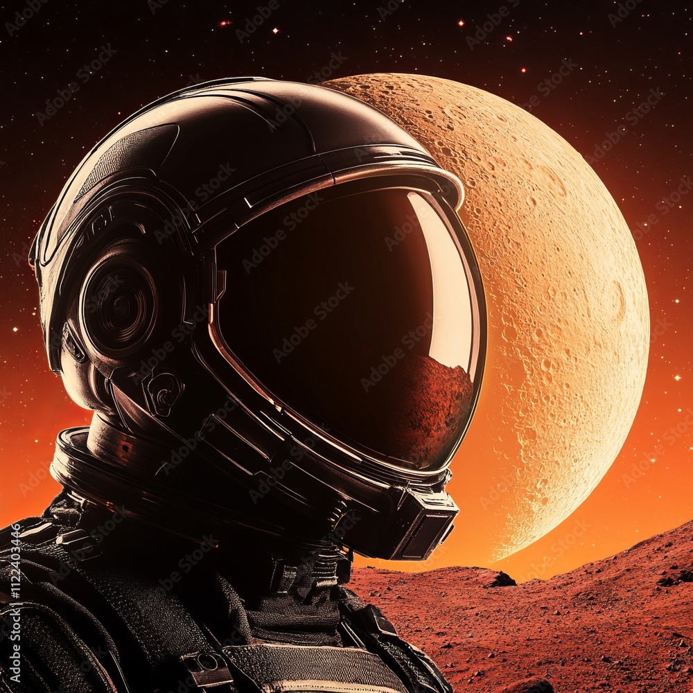 Poster astronaut in spacesuit on mars, planet backdrop.
