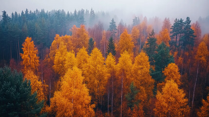 Fototapeta premium Spectacular forest autumn orange, vibrant red aerial view top view, panoramic above birds eye view golden foliage, scenic majestic beautiful, natural colorful breathtaking.