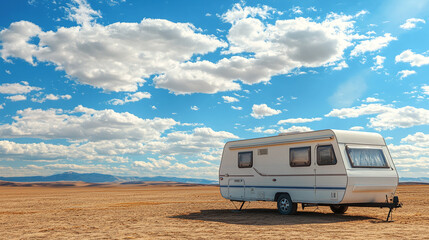 White travel trailer rv camper motorhome parked in desert nature. blue sky with white clouds, copy space.