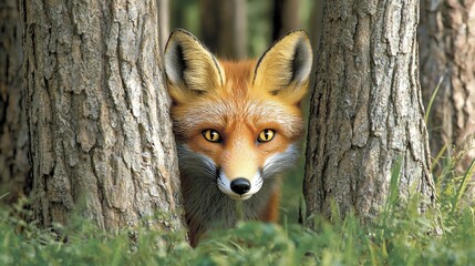 Fototapeta premium Red fox peering from between trees.