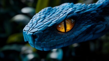 Fototapeta premium Close-up of a Blue Viper Snake's Head with Glowing Eye