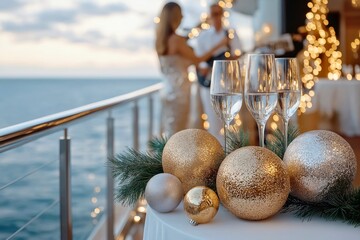 New Year's Eve cruise party featuring Champagne Golden Baubles and stunning ocean views