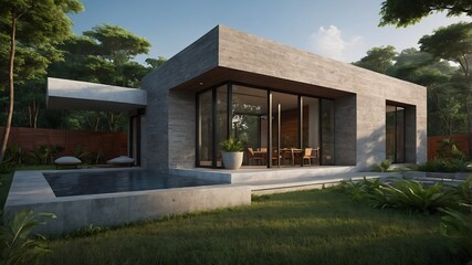 Fototapeta premium AI-Generated Modern Luxury House with Red Brick Design, Minimalist Hotel-Style Interior Inspired by Thai Mountain Living, Featuring Stunning Natural Views and Unique Architectural Details in Khao Kho,