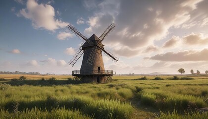 Fototapeta premium Abandoned and decrepit windmill standing alone in a field, forgotten engineering, rural abandonment