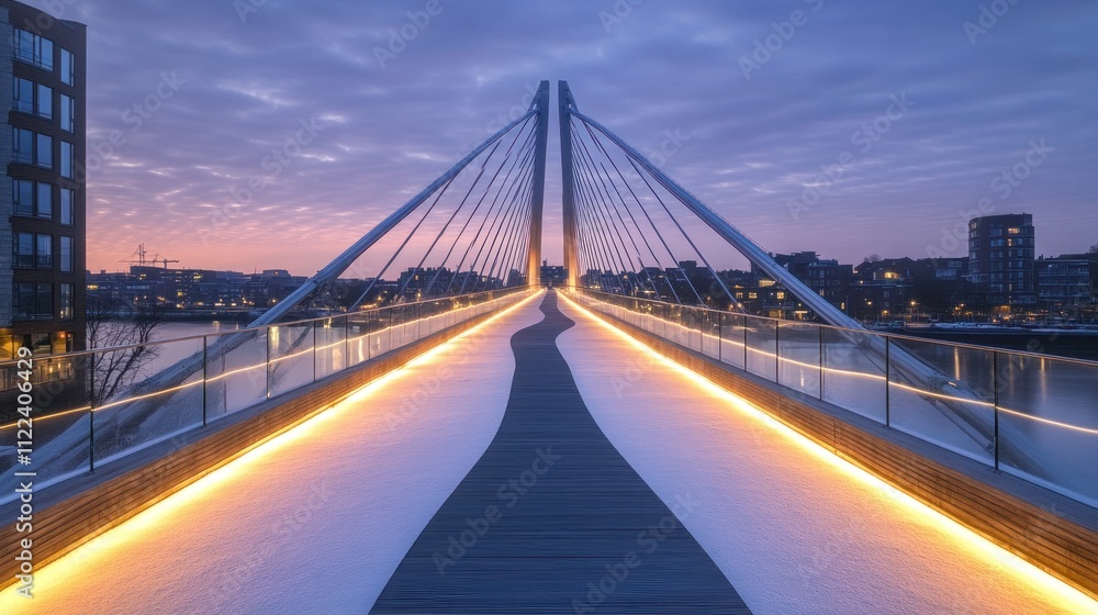 Poster modern cable-stayed bridge at twilight with illuminated pathway.