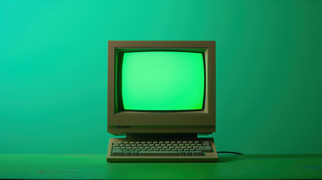 3D Rendering of an Old Macintosh Computer with Chroma Key Green Screen, Perfect for Film and Digital Effects