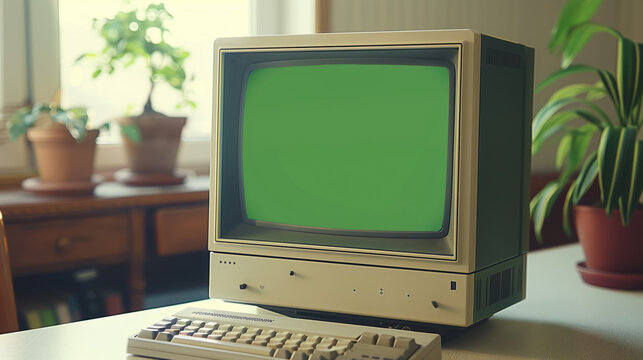 High-Quality 3D Render of an Old Macintosh Computer Featuring a Green Screen for Chroma Key Effects and Film Production