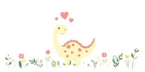 Sweet cartoon dinosaur card with baby animals, clouds, flowers, leaves, hearts, and trendy hand-drawn text in flat Scandinavian style, leaves, card