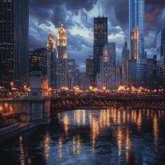 The city lights frame the bridge with their illumination.