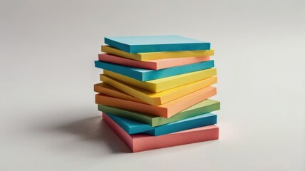 A vibrant and harmonious image of a neatly stacked, asymmetrical arrangement of approximately eight to ten colorful sticky notes