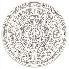 Circular design with intricate patterns, symbols, and a central compass rose.