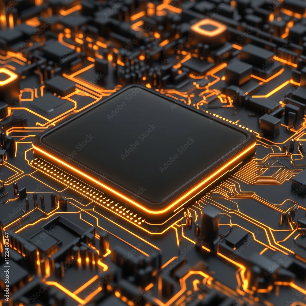 Poster close-up of a black cpu on a circuit board with glowing orange lines.